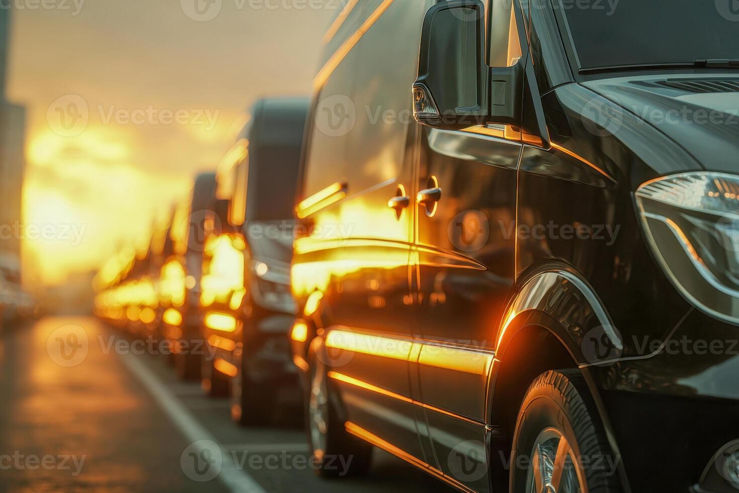 Fleet of commercial vans lined up at golden hour — Houston fleet repair